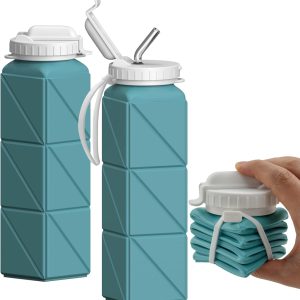 Collapsible Water Bottles with Straw 20.6oz, Silicone Foldable Portable Water Bottle, BPA-Free, Leakproof Reusable for Travel Camping Hiking Cycling Yoga Sports, 1 Pack (Blue)