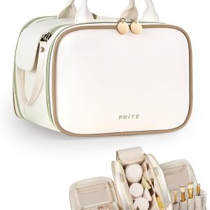 Prite Makeup Bag for Women, Large Capacity Waterproof Travel Cosmetic Organizer, Portable Open Flat Toiletry Bag with Free-standing Brush Holder and Handle(Beige Medium)